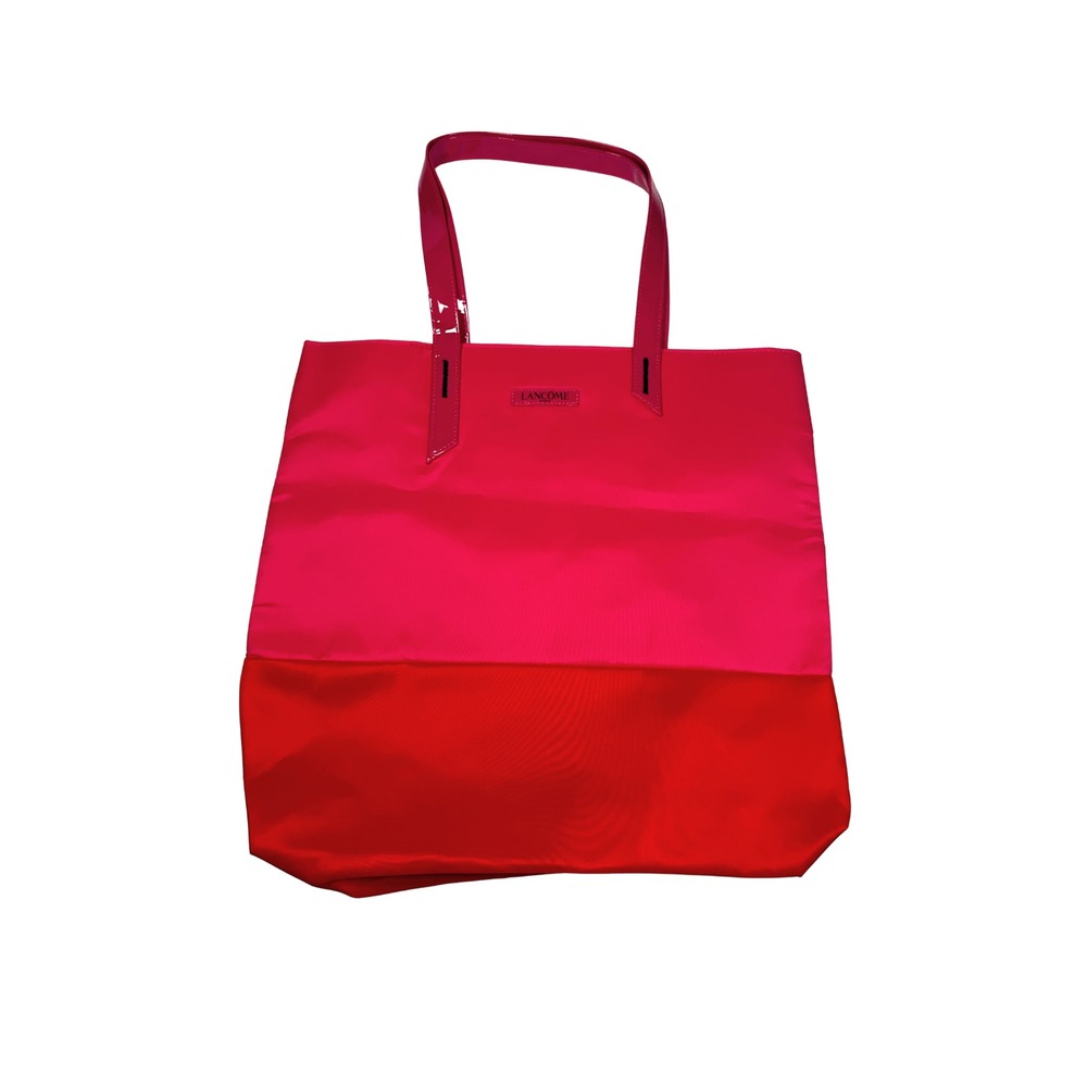 Lancome‎ Paris Tote Bag Pink Red Colorblock Nylon Patent Straps Travel Beach
